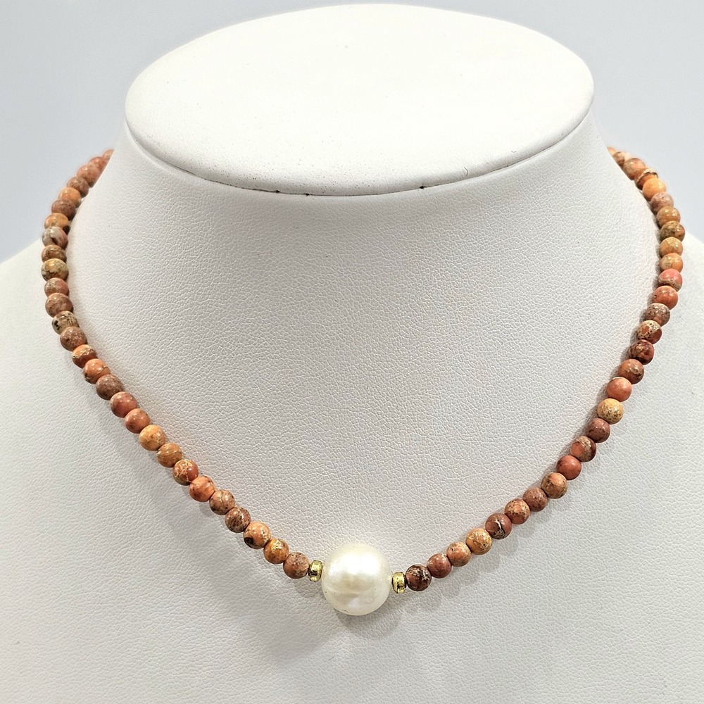 Vtg Lucas Lameth LUC 925 Freshwater Pearl Orange Jasper Beaded Choker Necklace